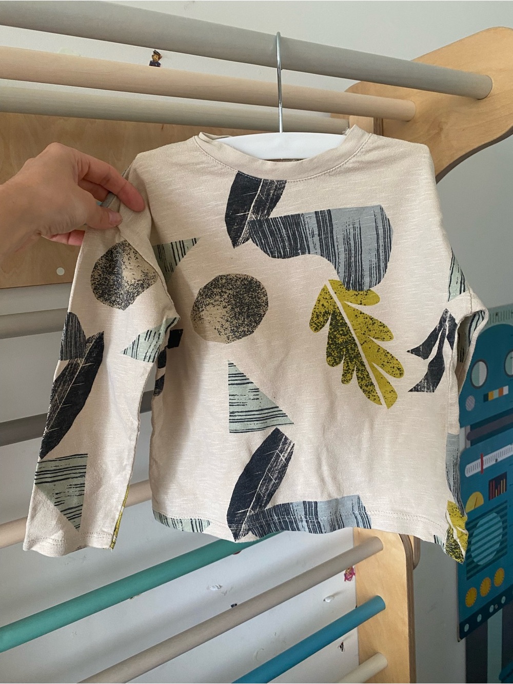 Zara Cream Boys Long Sleeve Tee with Navy and Chartreuse Prints